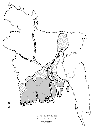 Figure 2. Loss of land due to future sea level rise in Bangladesh (1m and 3m).