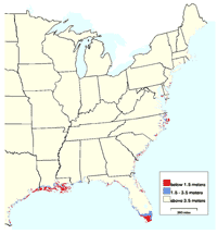 Thumbnail map of the eastern and southern United States showing coastal lands vulnerable to sea level rise.